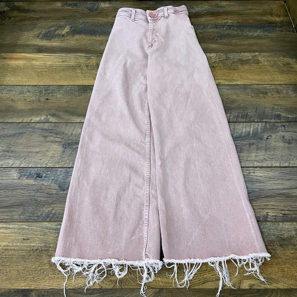 Zara Pink Wide Leg Jean High Rise Frayed Hem Dusty Rose Sz 0 Baggy Coquette Crop